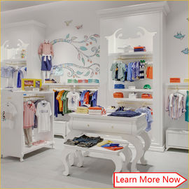 Nice color branded wood material kids clothing store design with lighting