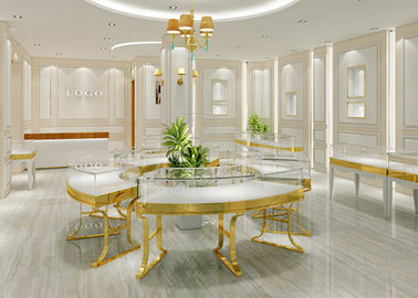 Gold aus Edelstahl Einzelhandel Glas-Display-Kästen Luxus-Holz mit Spiegel kombiniert